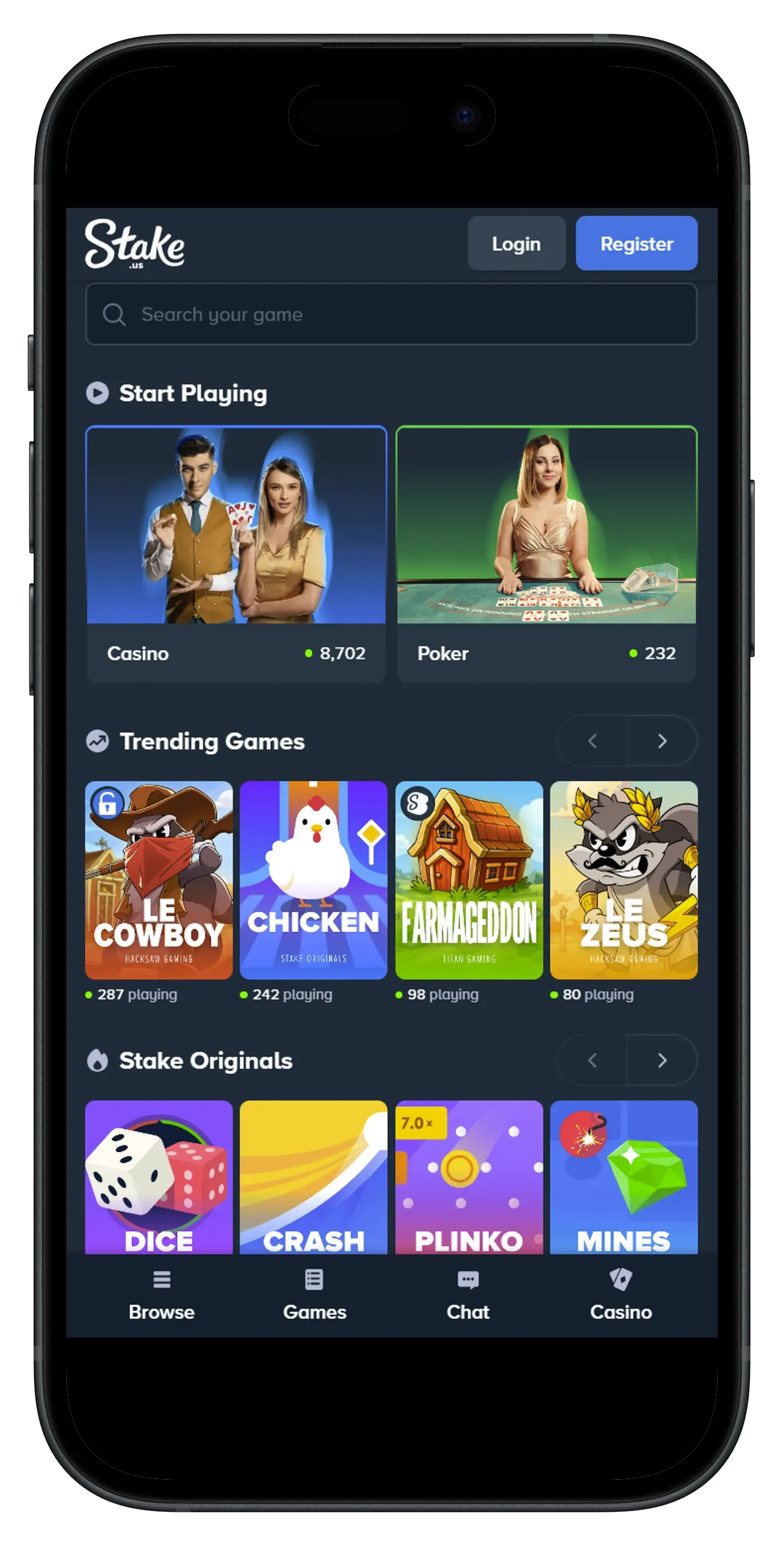 Stake.us mobile casino app interface